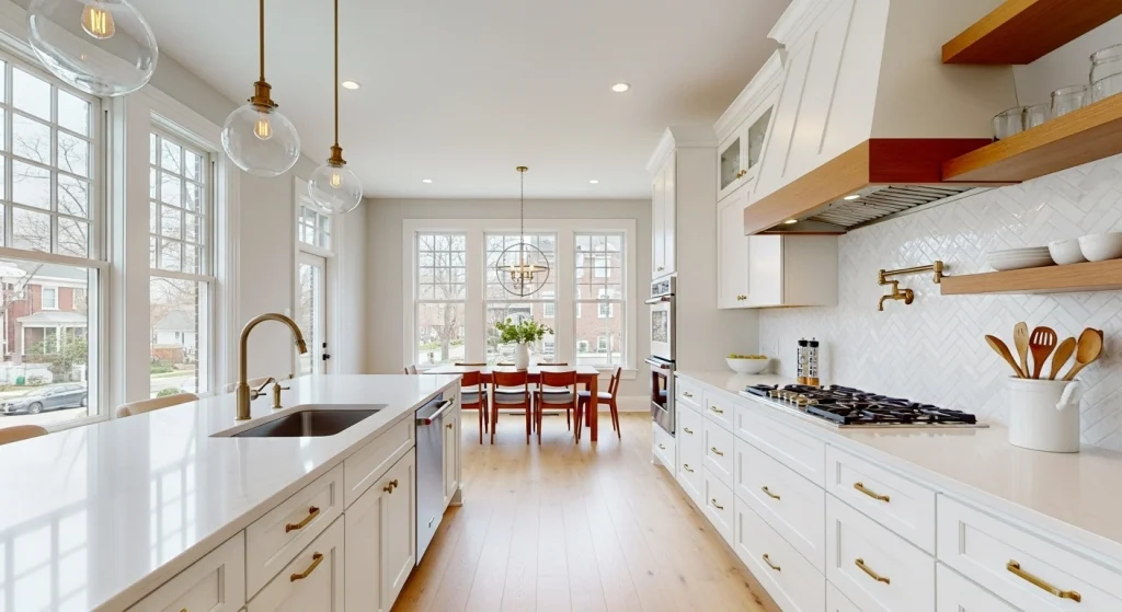 Modern kitchen remodel in Richmond VA with white shaker cabinets, quartz countertops, and open layout with natural light
