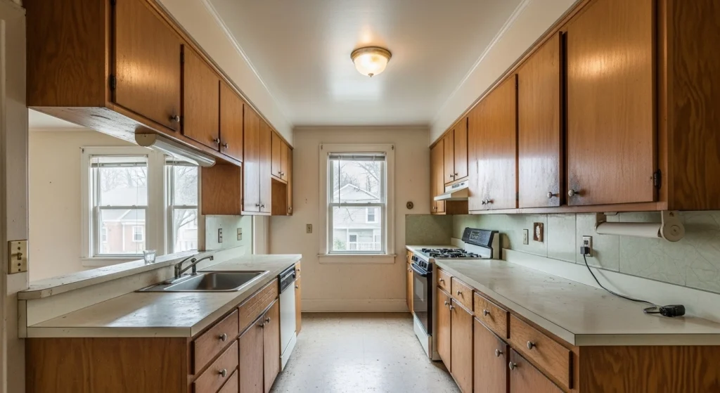 Outdated 1960s kitchen in Richmond VA with old plywood cabinets, poor lighting, and closed layout blocking natural light